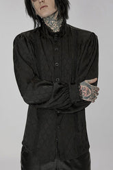 Chemise pour homme à col roulé noir punk avec jacquard à écailles de dragon, manches longues lanterne et bordure en dentelle